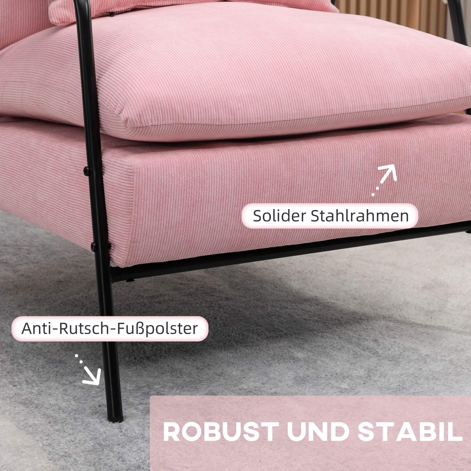Vingestol med pall, lutande ryggstöd, rosa klädsel
