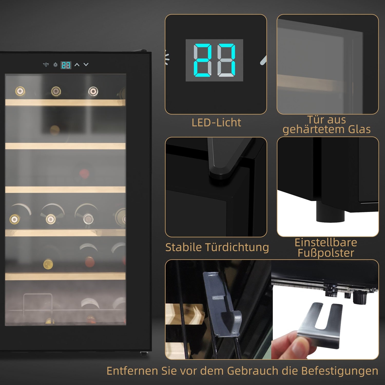 Vinkylskåp, kapacitet för 24 flaskor, interiörbelysning, svart