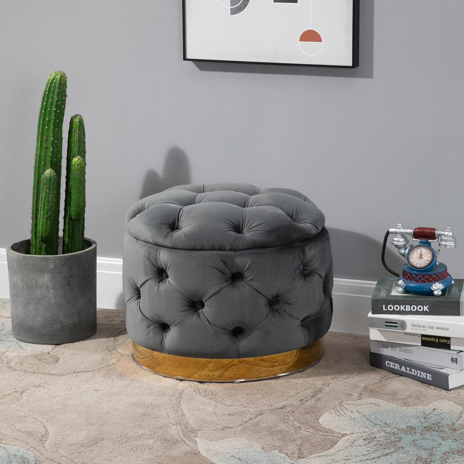 Klädd vintage fotpall med förvaring, metallram