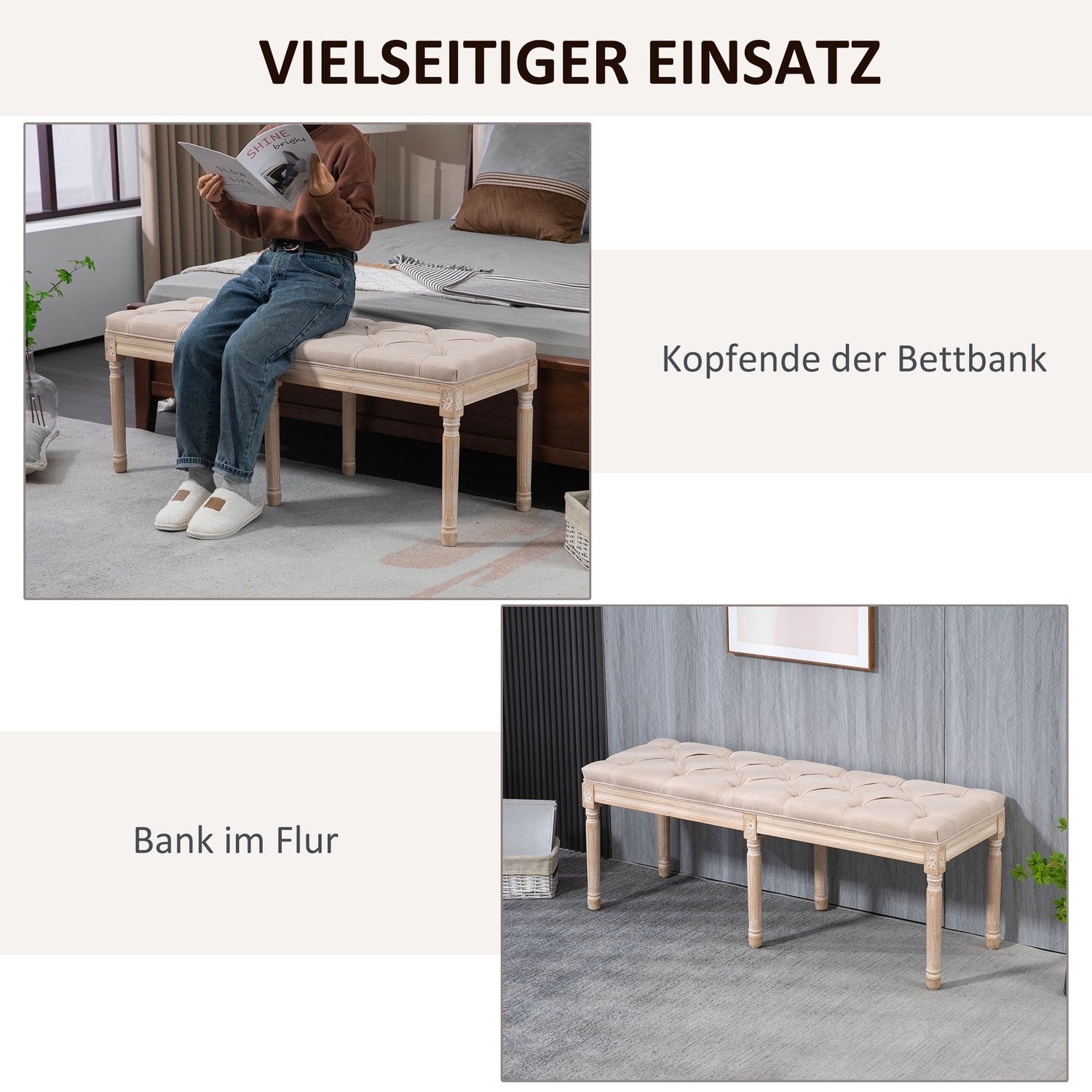 Beige stoppad vintagebänk, linnelook, 117x40x48Cm
