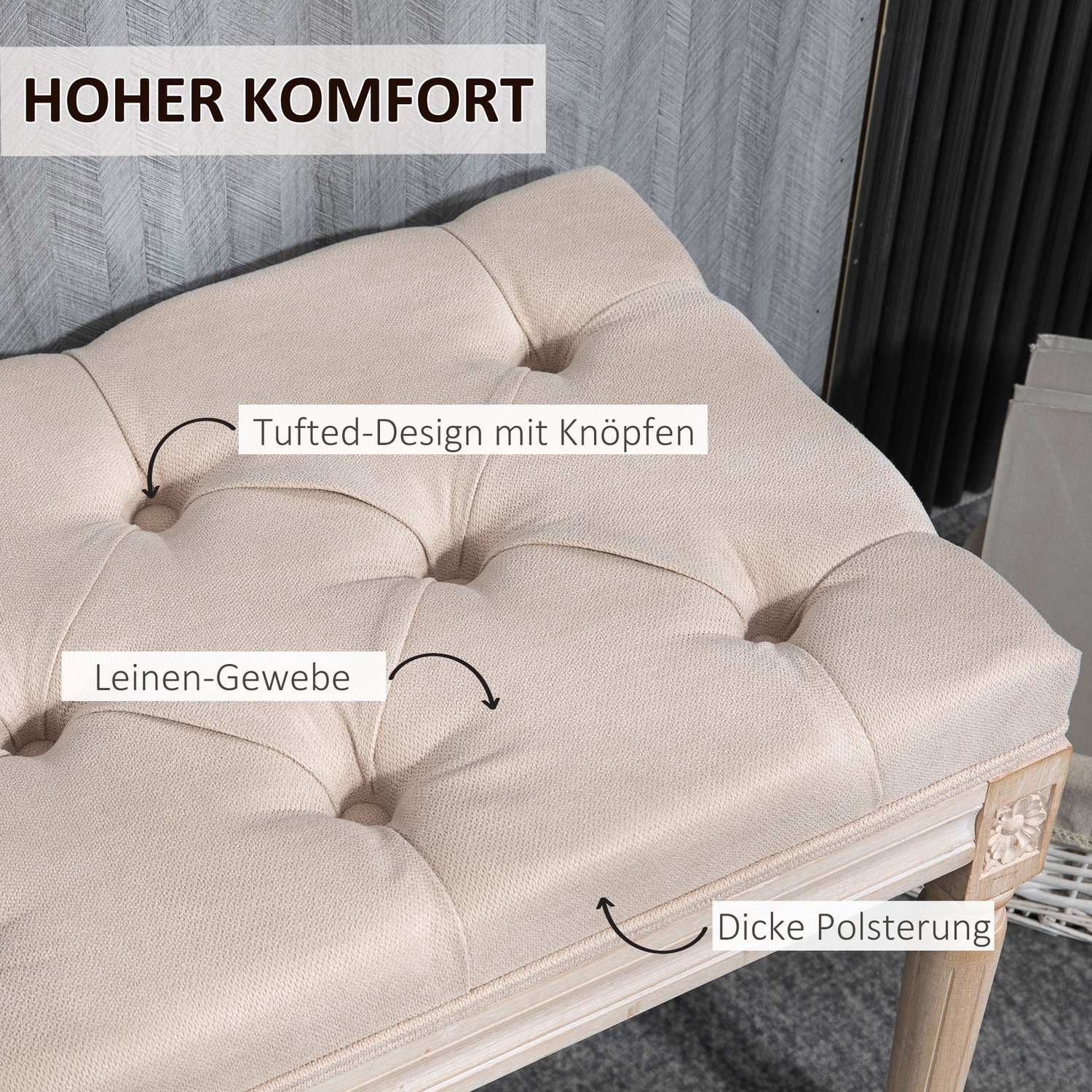 Beige stoppad vintagebänk, linnelook, 117x40x48Cm