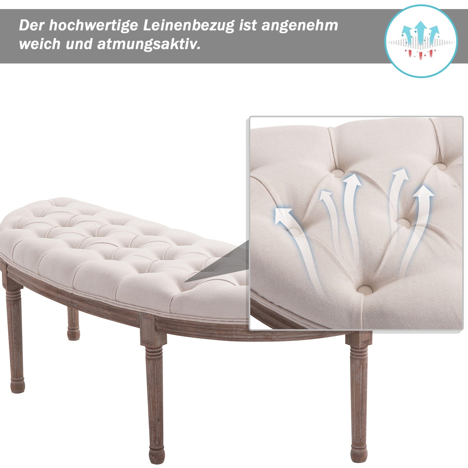 Vintage beige klädd bänk, linne & trä, 140,5 cm