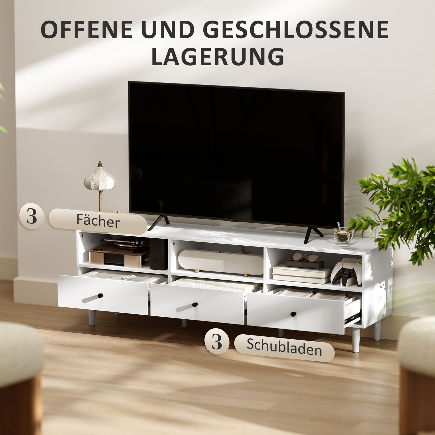Vit TV-skåp med lådor, Kabelhantering, 140 cm