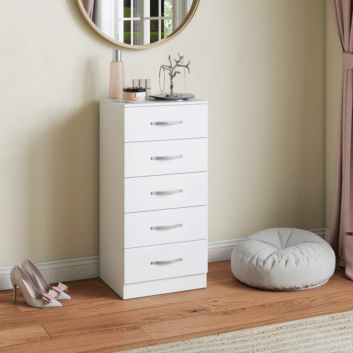 Vit byrå med 5 lådor, spånskiva, platsbesparande design