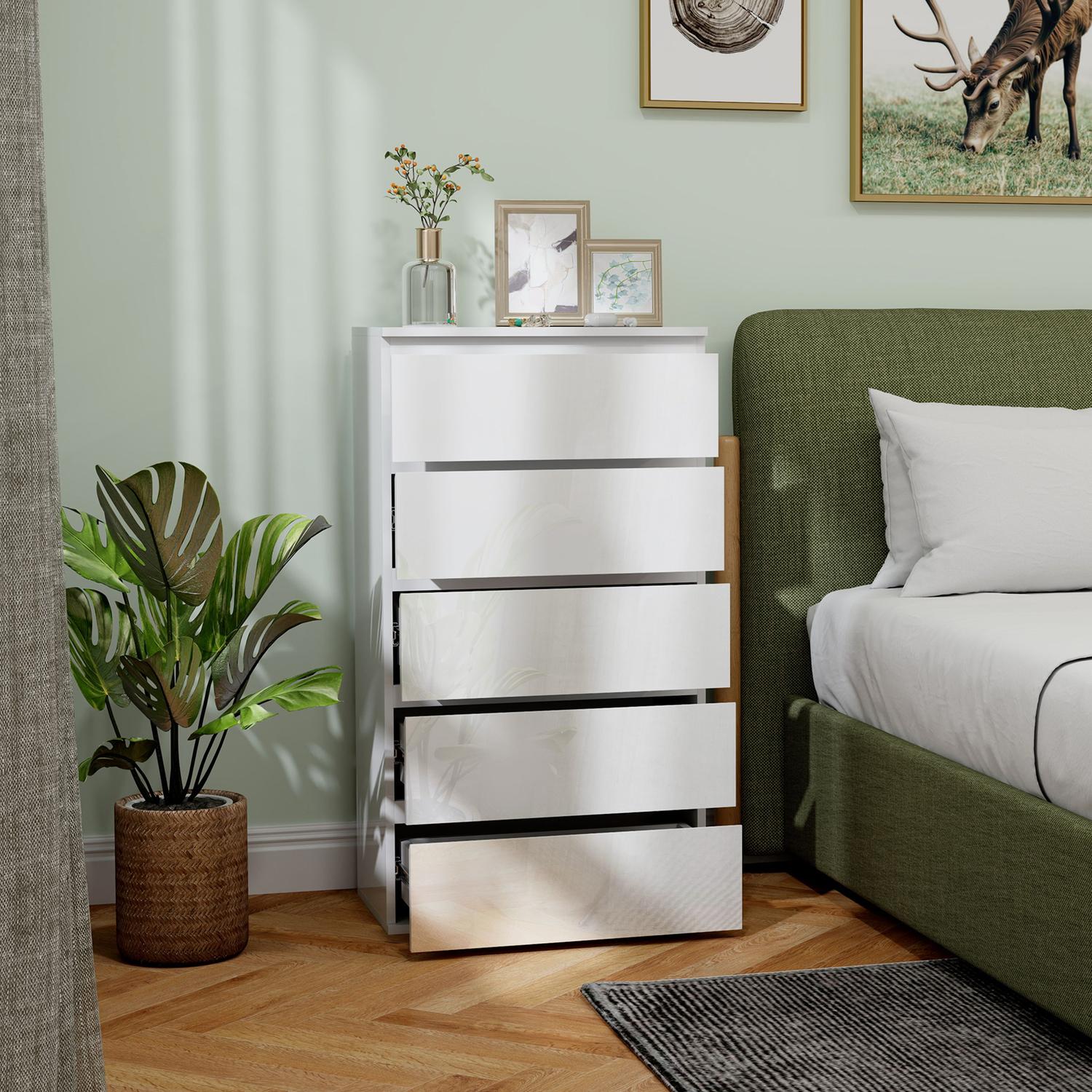 Vit byrå med 5 tippskyddande flikar, 55x34x100 cm