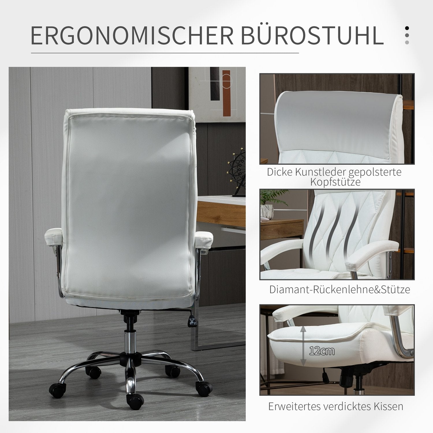 Vit ergonomisk kontorsstol – justerbar höjd, vridbar, vipp