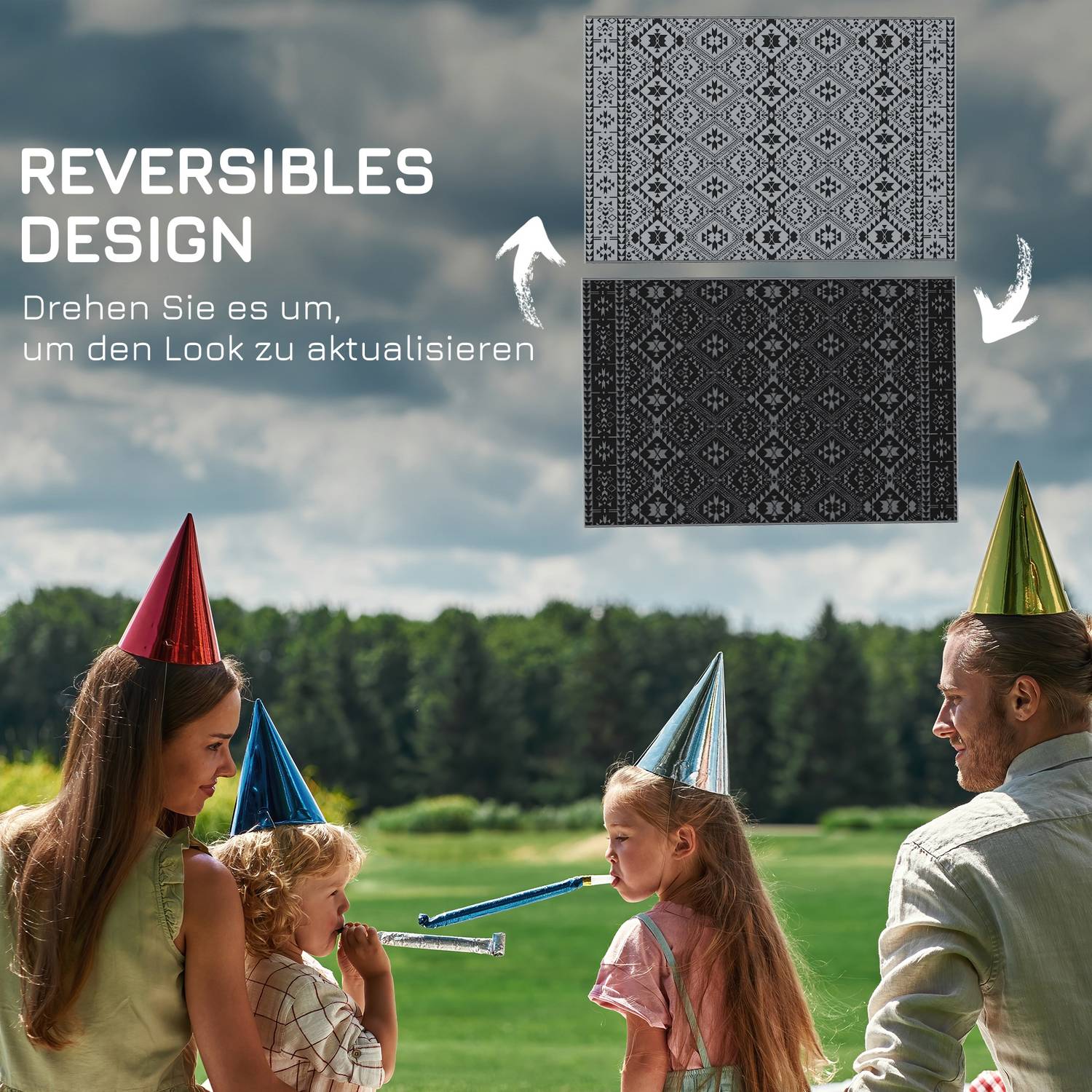 Vändbar utomhusmatta, vattenavvisande, 182x274cm, svart/grå