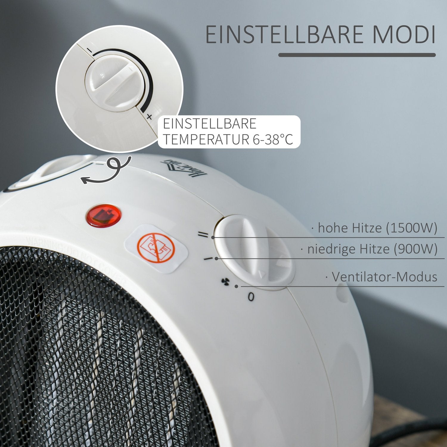 Elektrisk värmefläkt, 900W/1500W, Vit & Svart, Kompakt