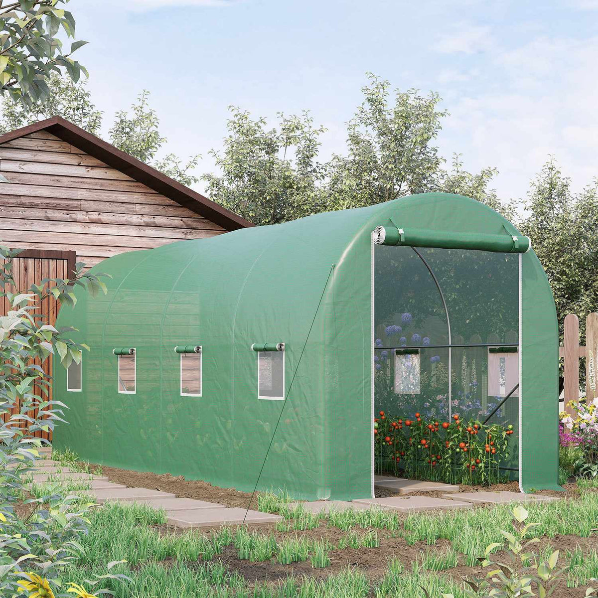 Växthuspolytunnel med fönster, grön, 5x2x2,1m