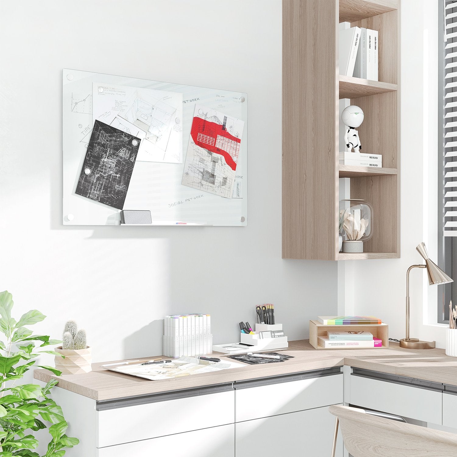 Whiteboard glastavla, staffli, hylla, 90x60Cm, 4 pennor