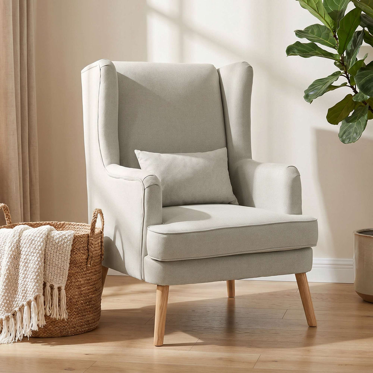Wingback-accentfåtölj, linne-look beige, ländryggskudde