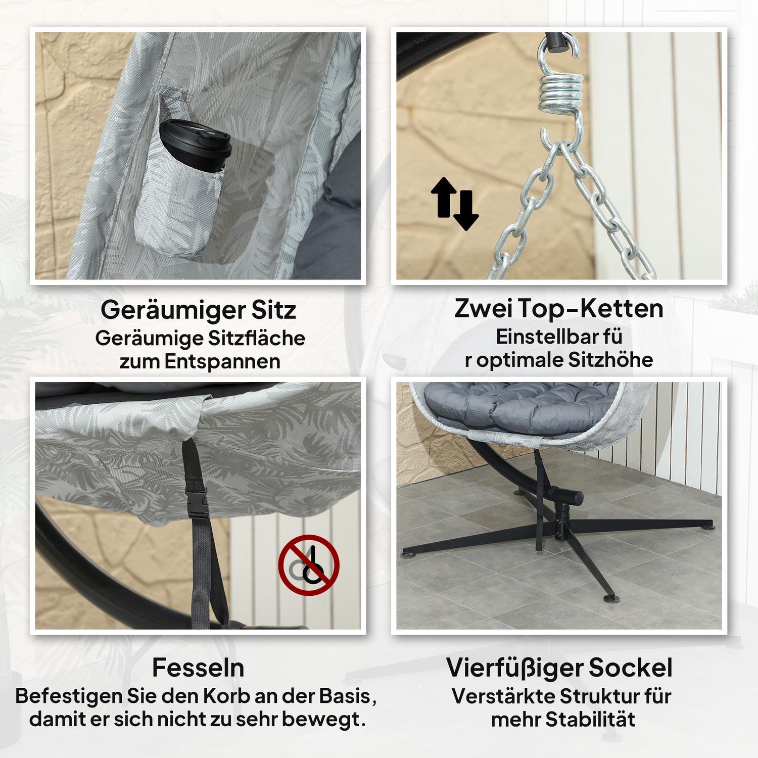 Äggformad utomhushängande stol med kuddar, grå