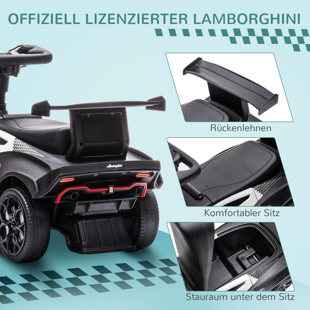 Kinderloopauto met opbergruimte, claxon en motorgeluiden