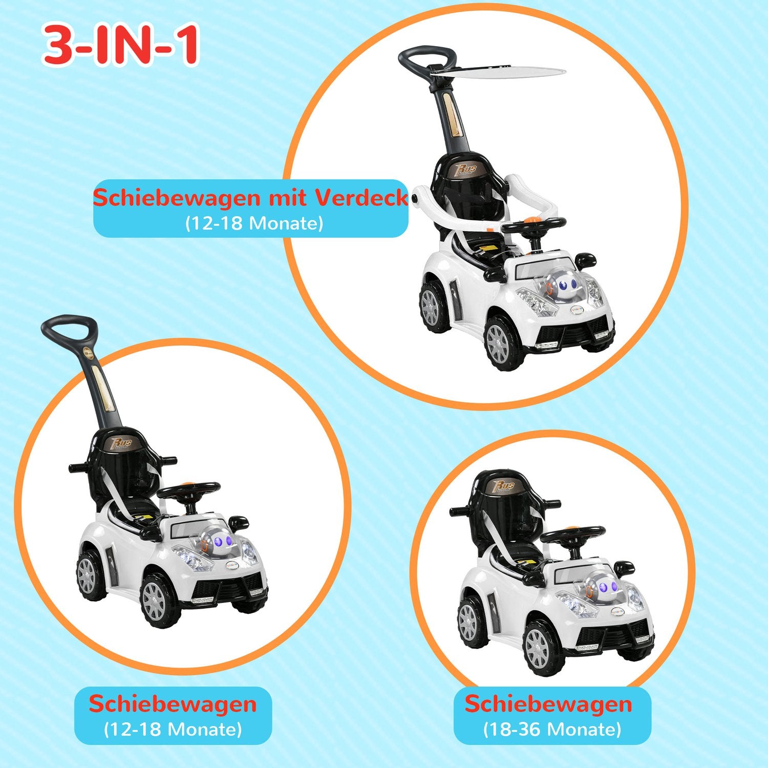 Åkbil med stödstång för barn 12-36 månader