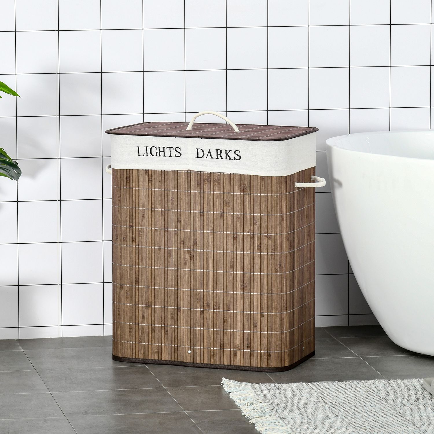 100L tvättkorg – bambu, bomull, 3 handtag, tvättbar