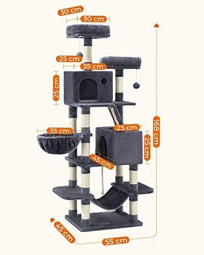 168 cm högt kattträd på flera nivåer med hängmatta och grottor