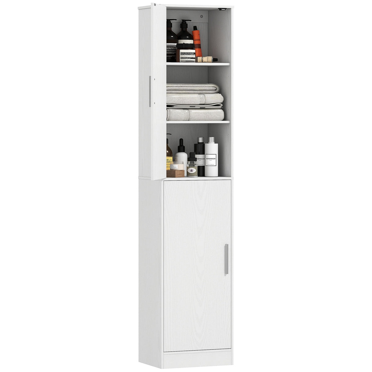 180 cm högt badrumsskåp, smalt badrumsskåp med 2 dörrar, 4 justerbara hyllplan, spånskiva, MDF, vit