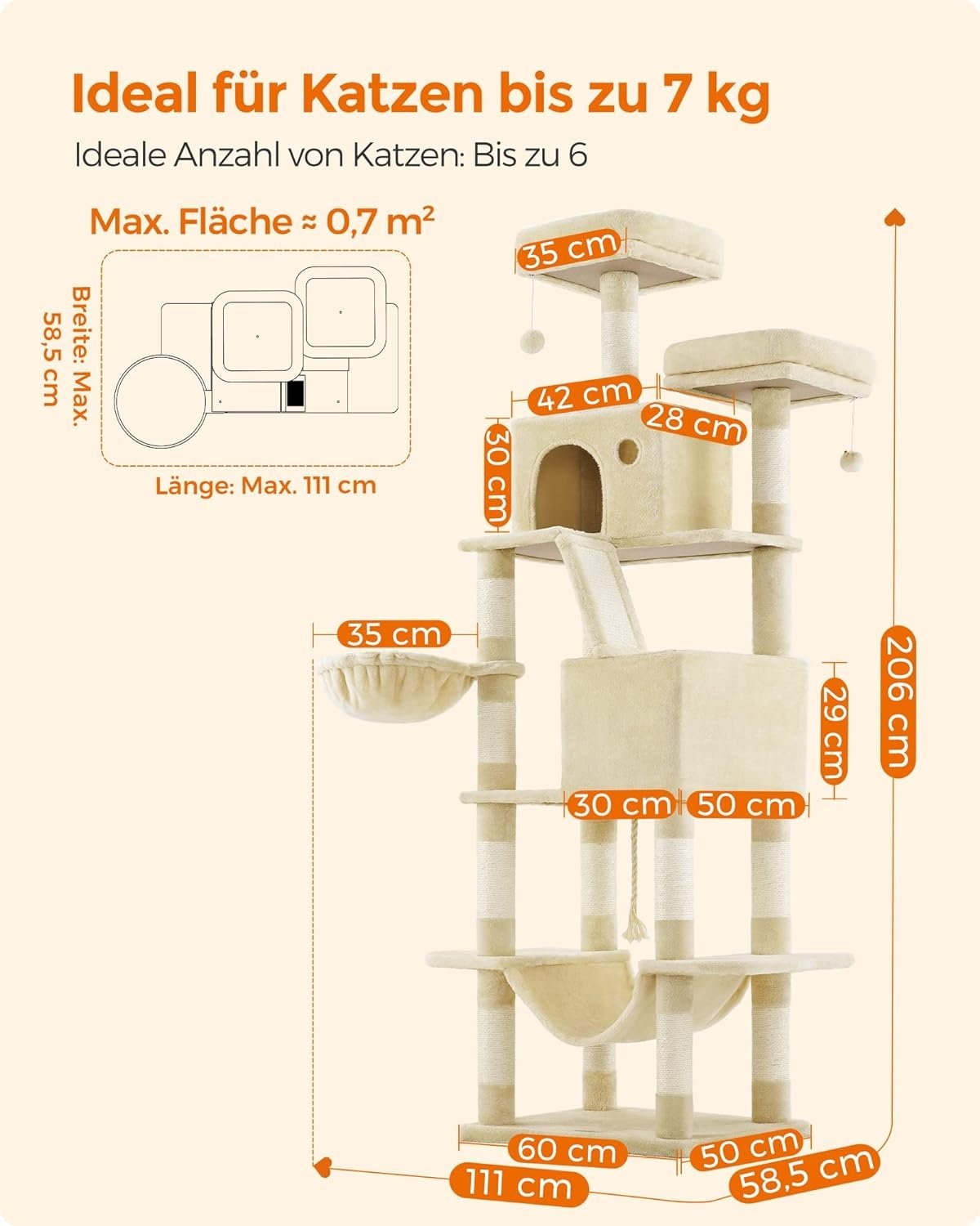 206 cm högt kattträd med flera nivåer och hängmatta