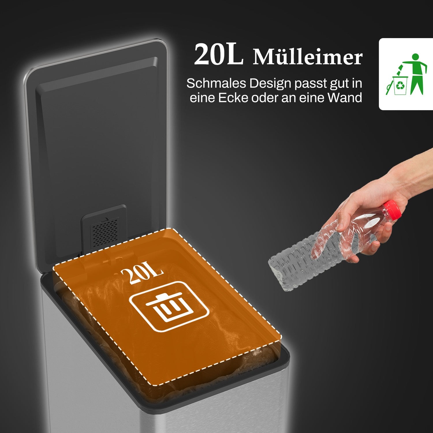 20L pedalbehållare i rostfritt stål med innerbehållare, vardagsrum/kontor