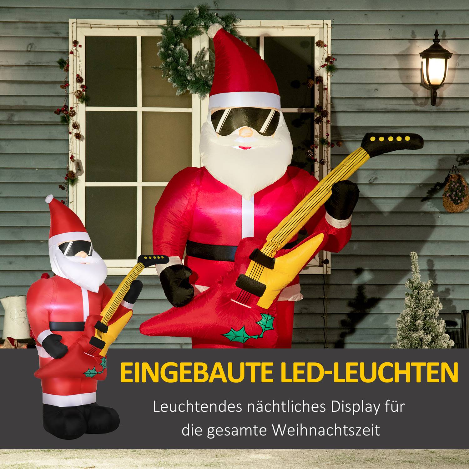 Uppblåsbar tomte med gitarr & LED-ljus, 215 cm vattentät
