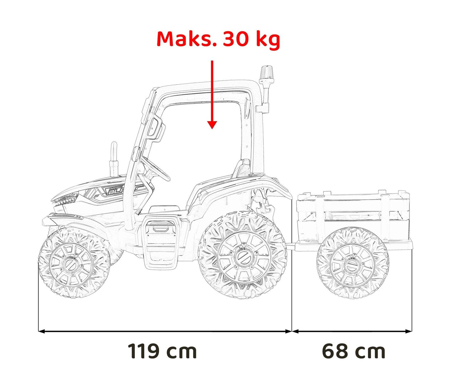 24V barntraktor med släp, fjärrkontroll, LED-lampor, MP3