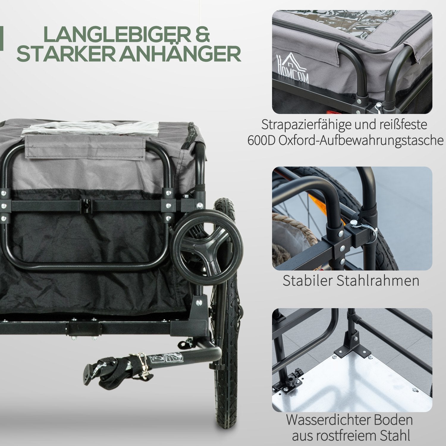 2-I-1 Cykelsläp Lastvagnstransportvagn För Cykel Med 20 Tums Pneumatiska Däck 40 Kg Lastkapacitet 130 X 64 X 64/103 Cm