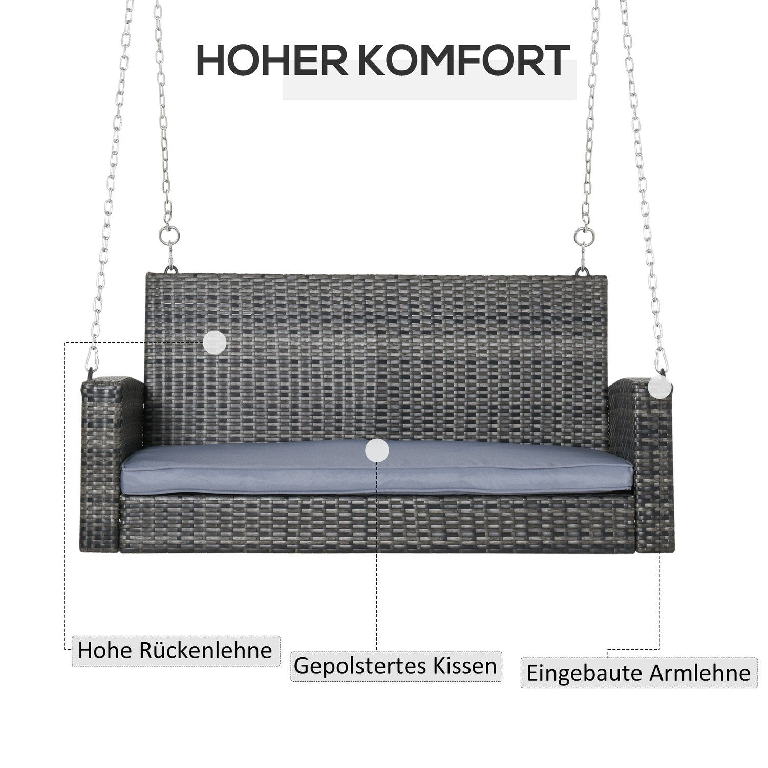 Hanging Bench 2-Sits Rotting Garden Gunga Med Sittdyna, Hänggunga, Hollywood Gunga, Grå, 127 X 57,5 X 60 Cm