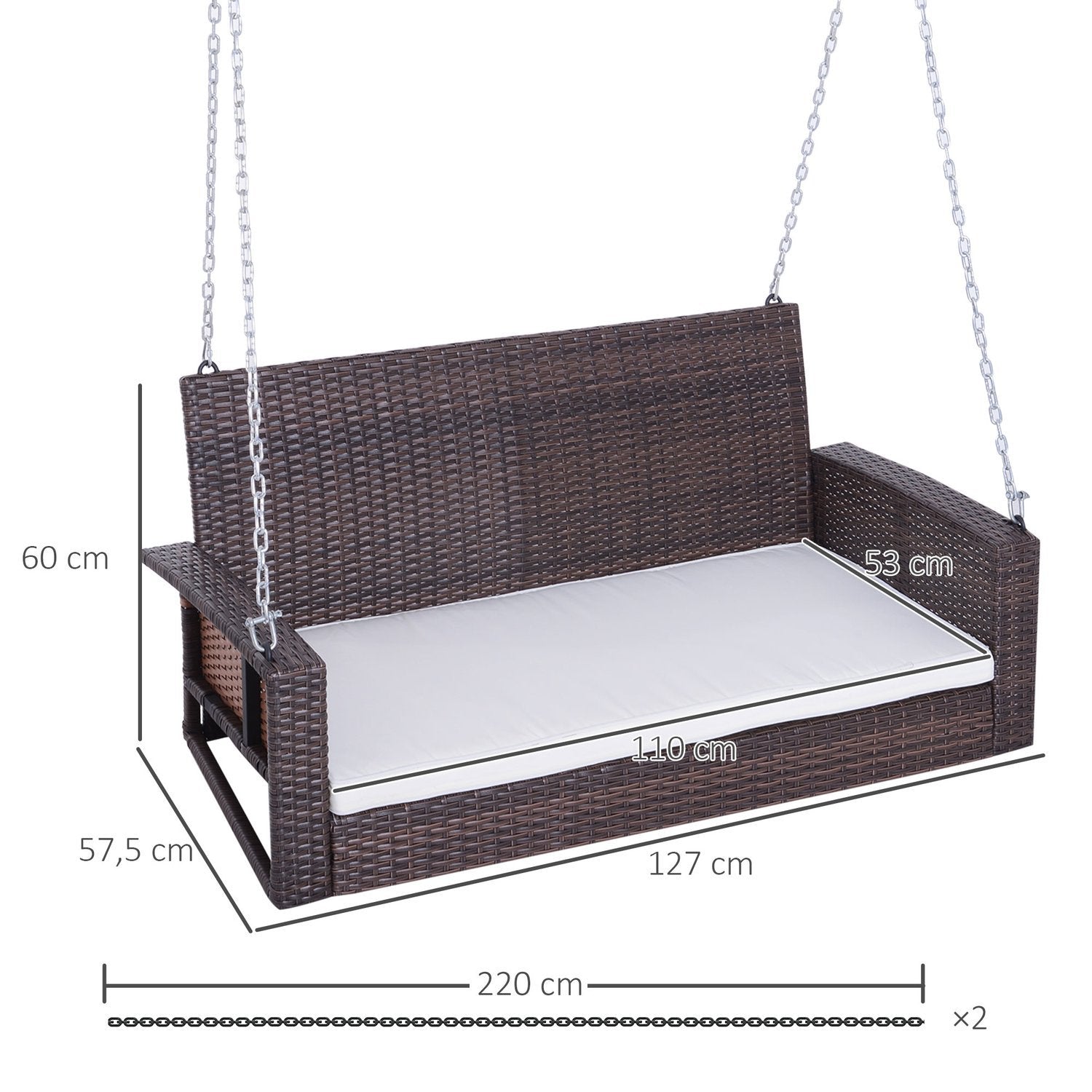 Hänggunga 2-Sits Rotting Trädgårdsgunga Med Sittdyna Hänggunga Hollywood Swing Trädgårdsbänk Brun 127 X 57,5 X 60 Cm