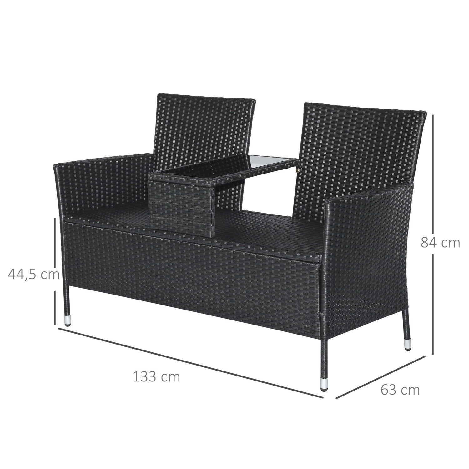 Polyrattan Trädgårdsbänk Trädgårdssoffa Bänk Med Bord 2-Sits Stål Svart B133 X D63 X H84Cm