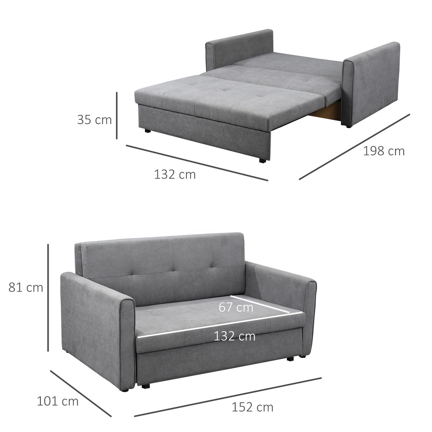 2-Sits Bäddsoffa Med Sängfunktion, Förvaringsutrymme & Ryggkudde, Polycotton, Trä, Grå, 152X101X81Cm