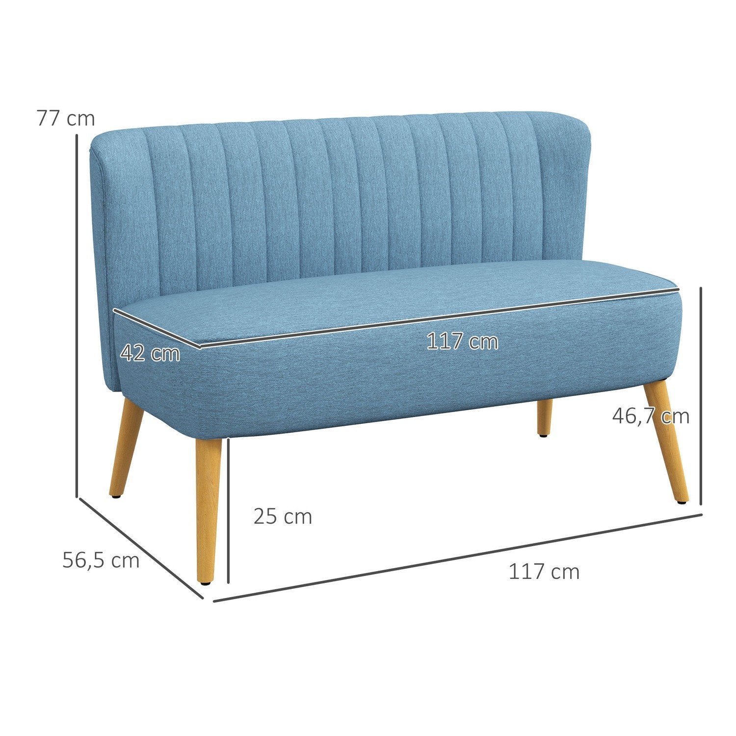 2-Sits Soffa, Loveseat Med Linnelook, Dubbelsoffa Med Träben, Lastkapacitet Upp Till 150 Kg, Blå, 117 X 56,5 X 77 Cm