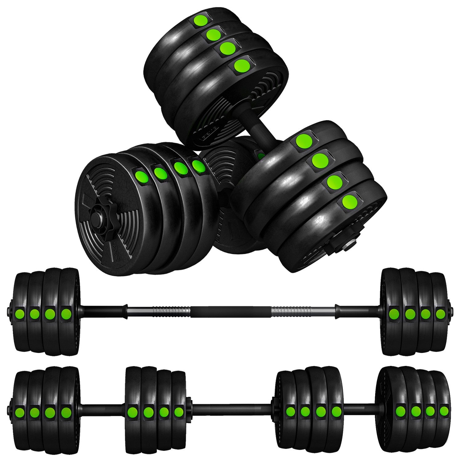 2-i-1 hantelset, justerbar 30 kg, halkfri, svart/grön