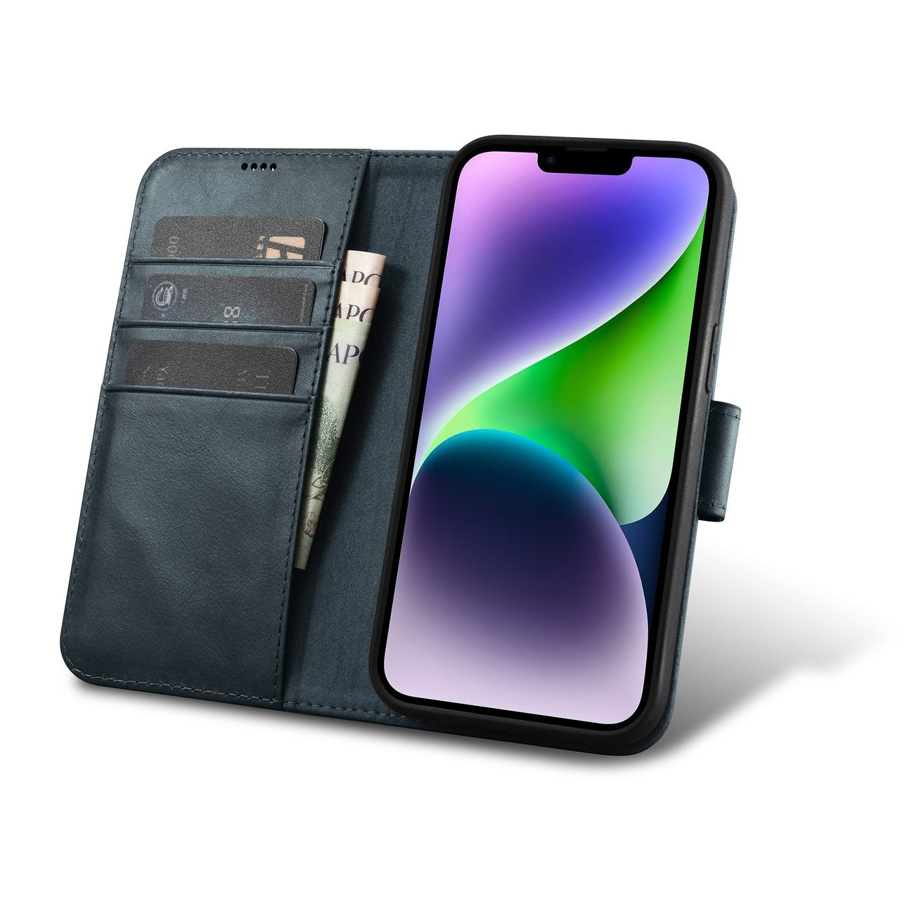 2-i-1 läder Flip Cover iPhone 14 Plus Anti-RFID oljevax plånboksfodral Blå