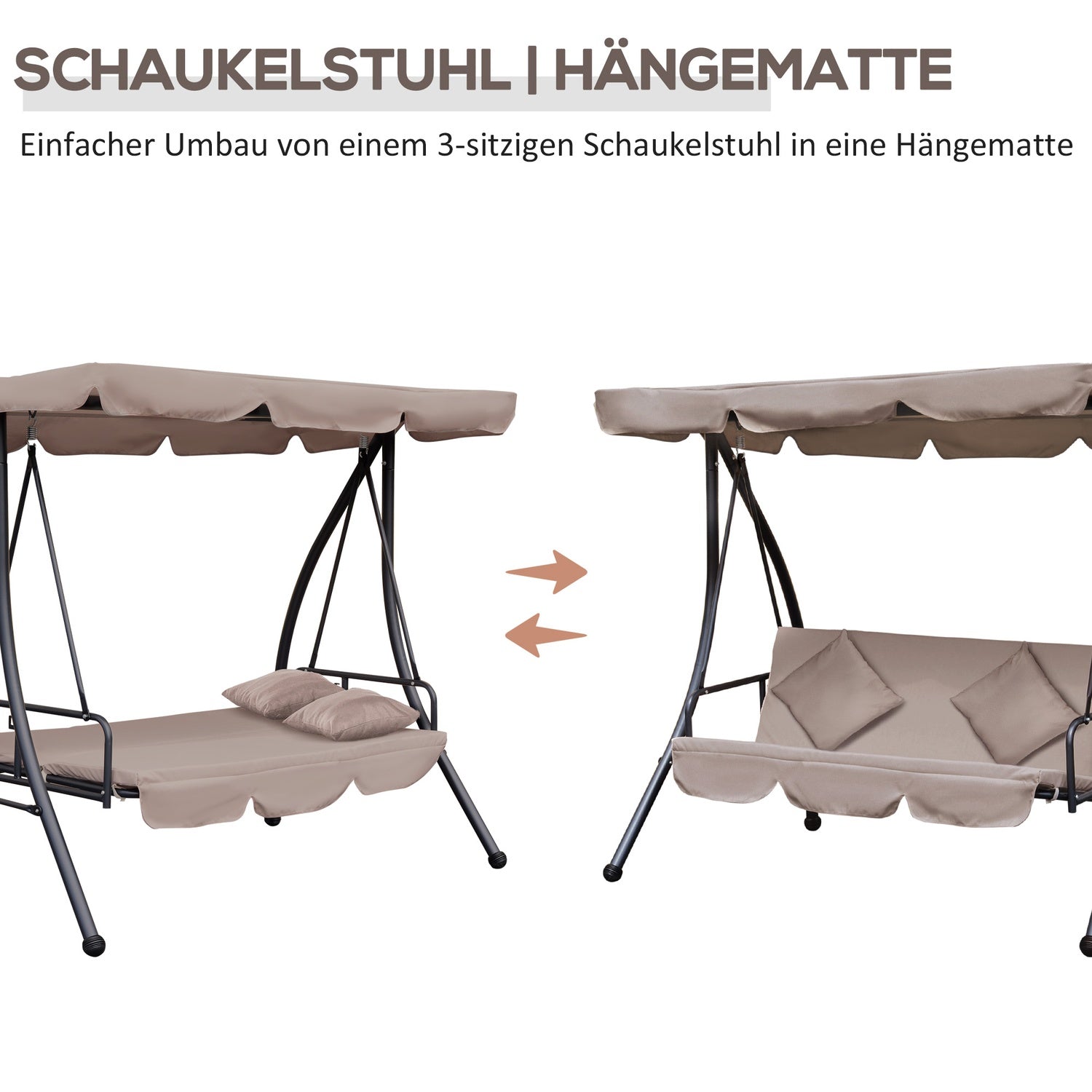 2-i-1 liggande trädgårdsgunga, 3-sits, justerbar kapell