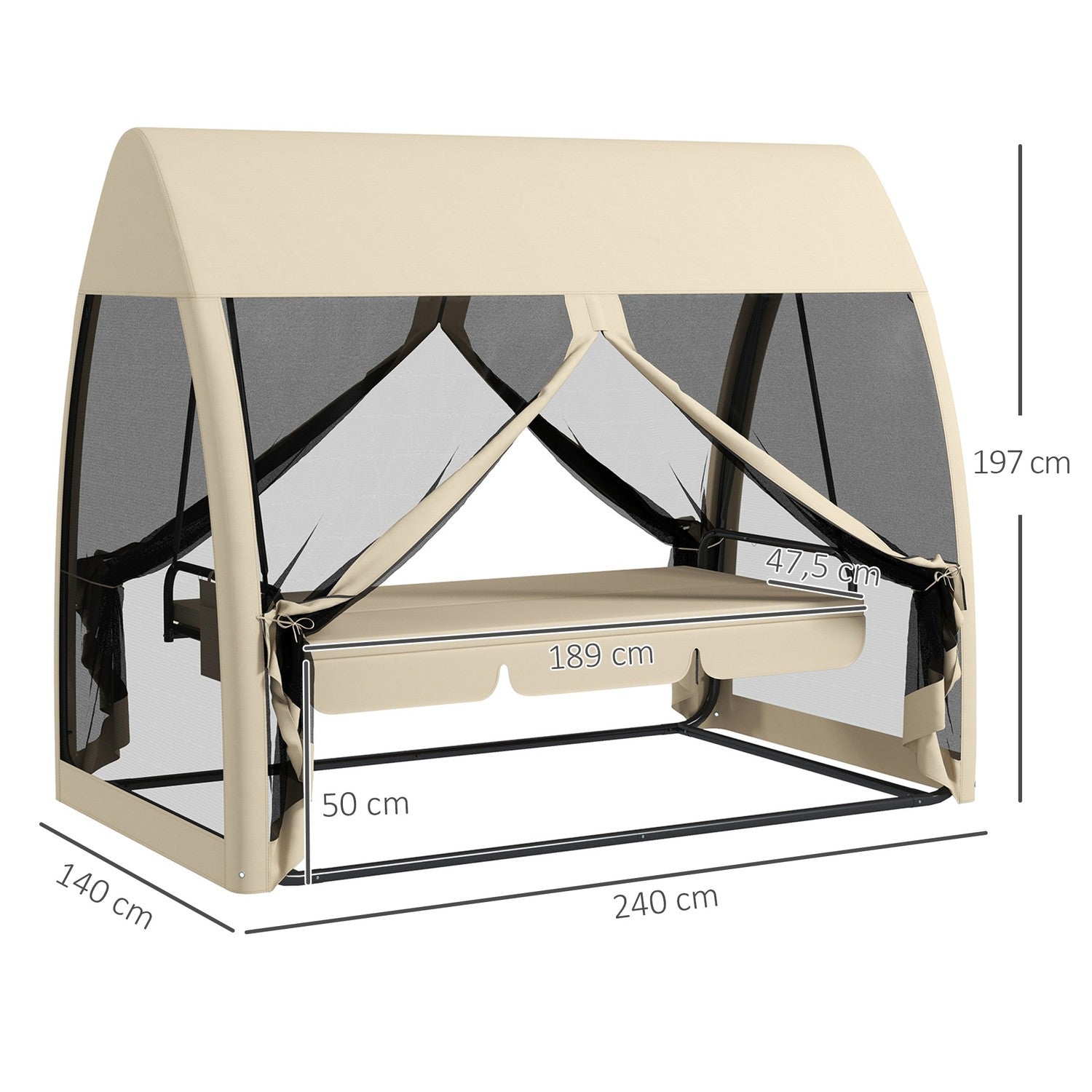 2-i-1 liggande trädgårdsgunga med kapell och myggnät