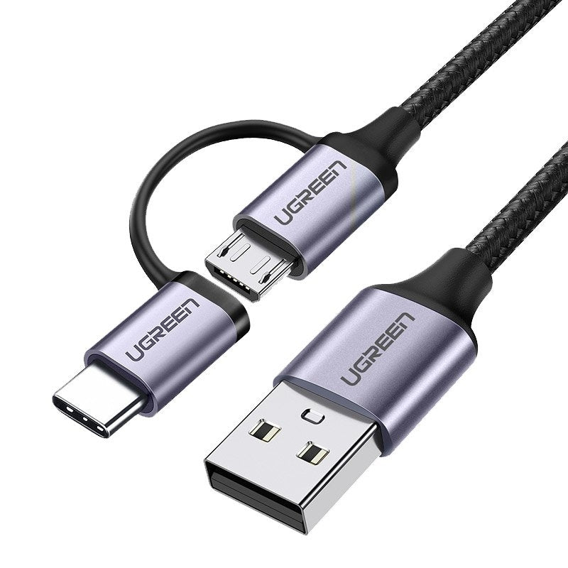 2-i-1 stark flätad kabel USB - microUSB + USB-C 1m 2,4A svart
