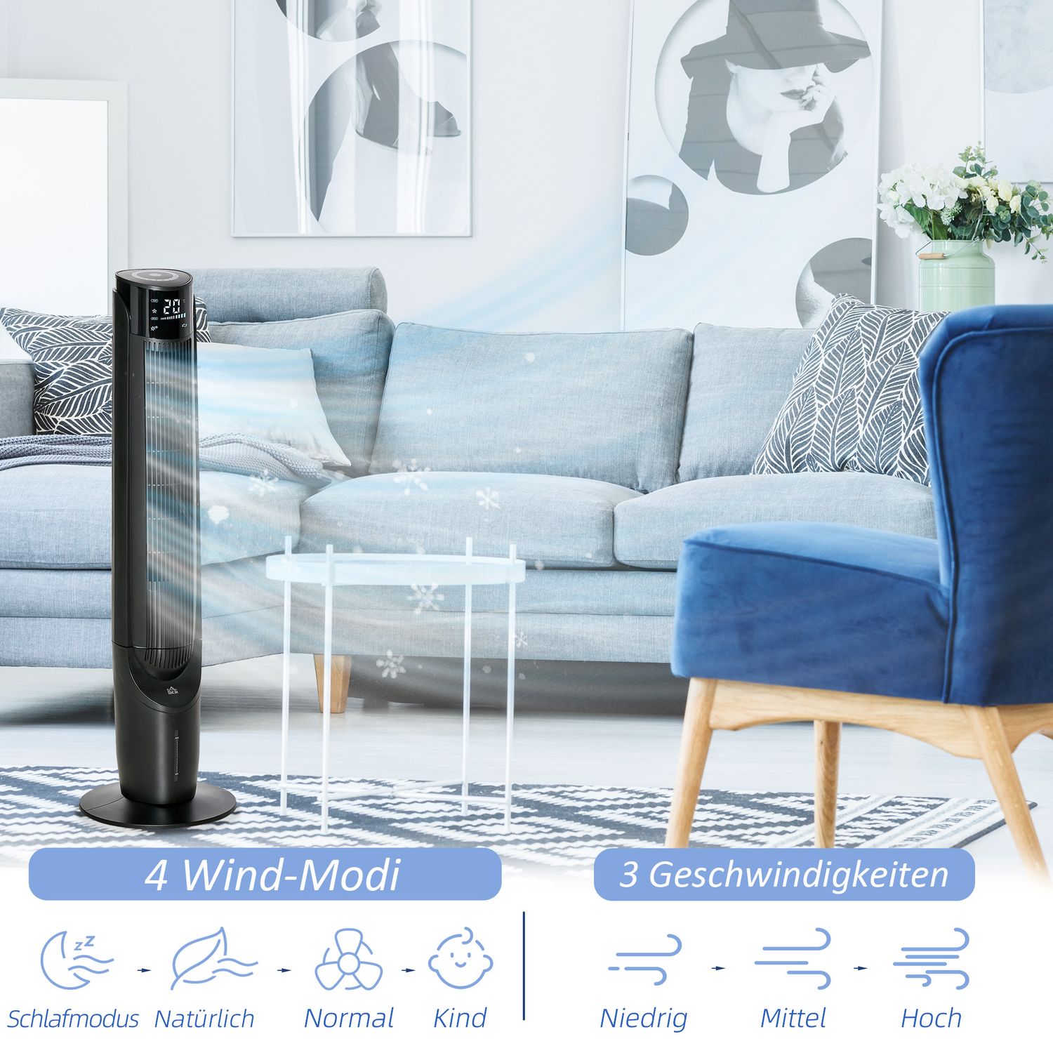 2-i-1 tornfläkt och luftkylare, 4 lägen, fjärrkontroll