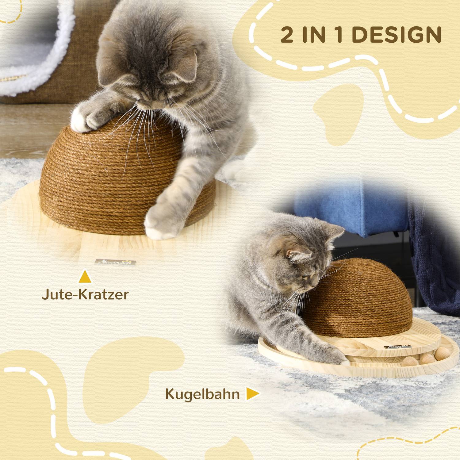 Interactive Cat Toy 2-I-1 Skrapleksak Med Skrapbräda Och Marmorbana, Jute, Furu, Naturlig + Kaffe, 39,5X32,5X14,5 Cm