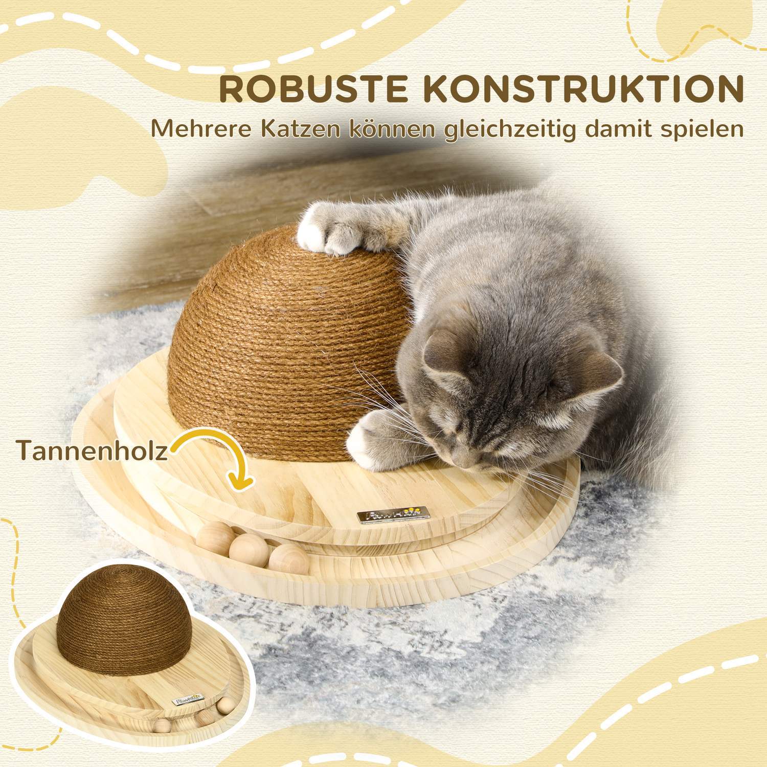 Interactive Cat Toy 2-I-1 Skrapleksak Med Skrapbräda Och Marmorbana, Jute, Furu, Naturlig + Kaffe, 39,5X32,5X14,5 Cm