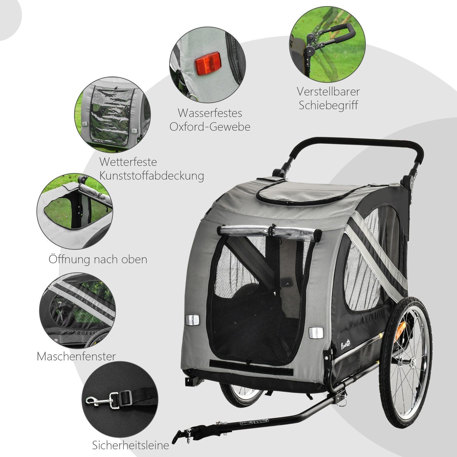 Hundsläp & Hundvagn 2-I-1 Hundcykelvagn Med Reflektorer, För Medelstora Hundar Upp Till 20 Kg, Oxford-Tyg, Grå