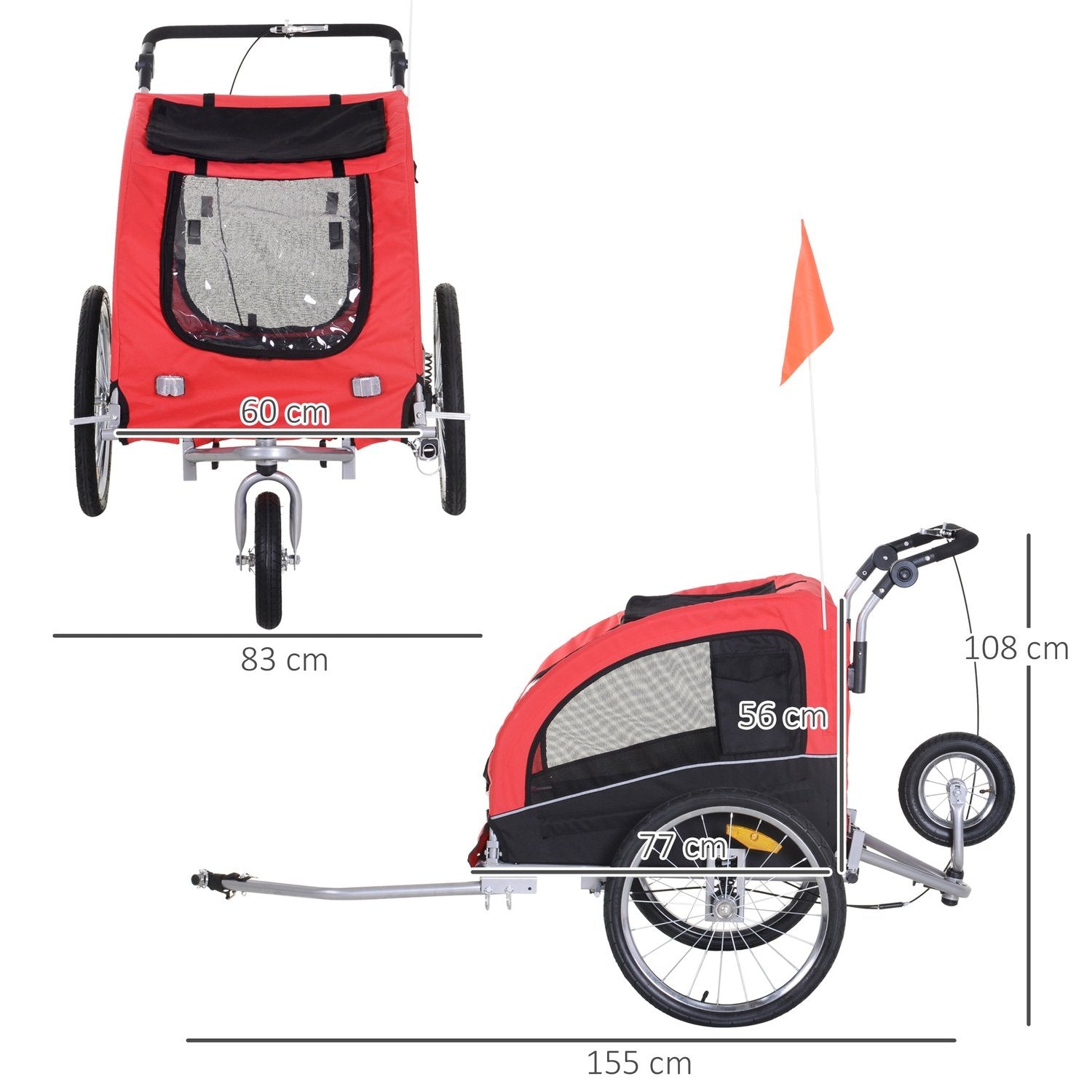 Hundsläp Jogger Cykelsläp Hundcykelsläp Röd+Svart 155 X 83 X 108 Cm