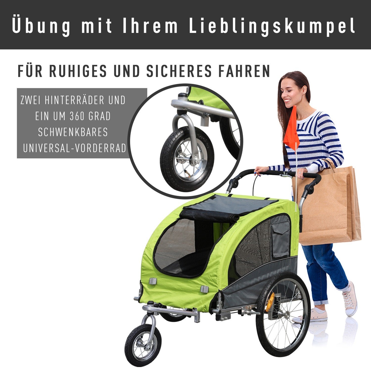 Dog Trailer Jogger Cykelsläp För Hundar, Stor & Stabil, Med Säkerhetsflagga, Grön+Grå, 155X83X108Cm