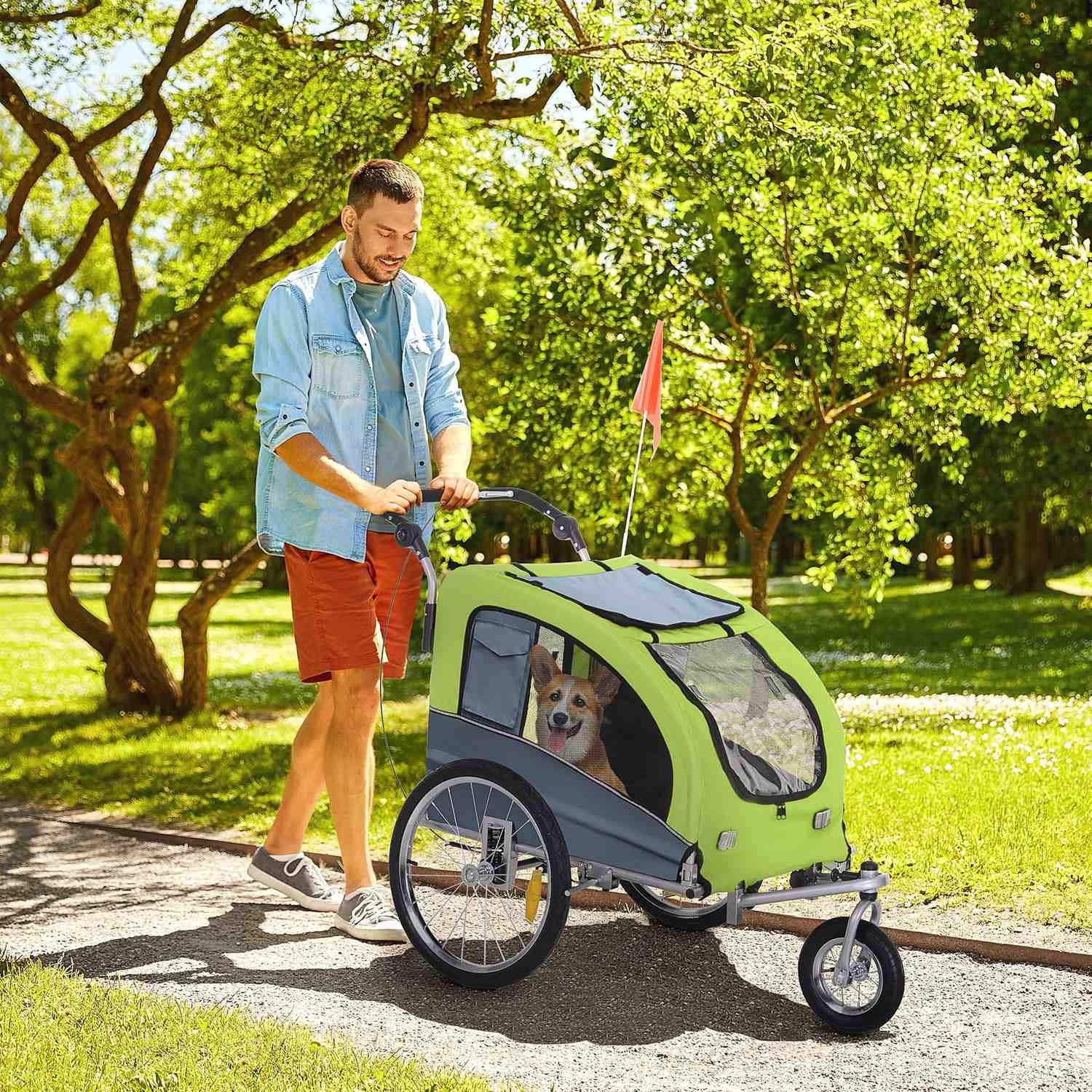 Dog Trailer Jogger Cykelsläp För Hundar, Stor & Stabil, Med Säkerhetsflagga, Grön+Grå, 155X83X108Cm