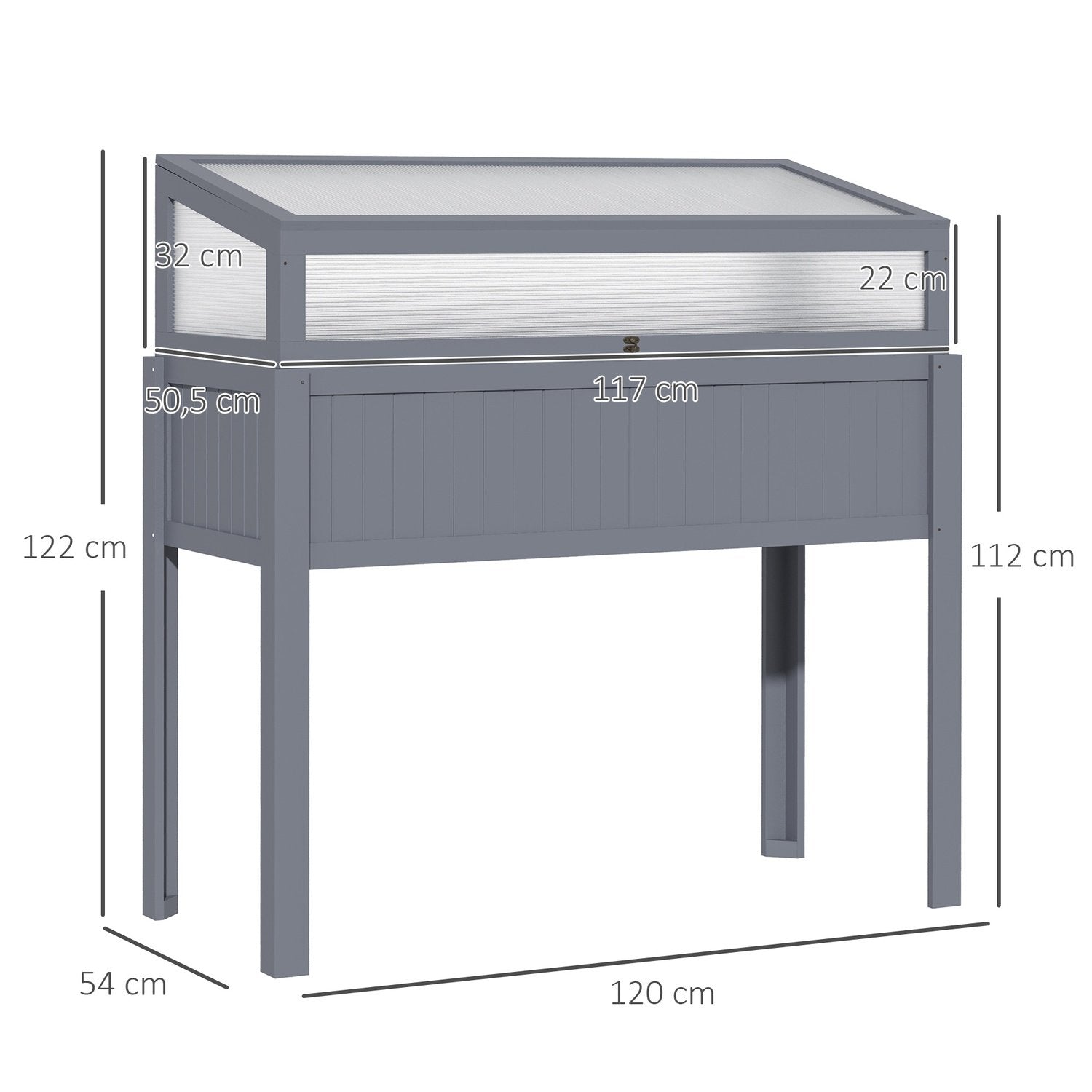 Träupphöjd Säng Med Kall Ram 2-I-1 Växthus, Tomathus, Grönsaksbädd, Polykarbonat, Grå, 120X54X112/122Cm