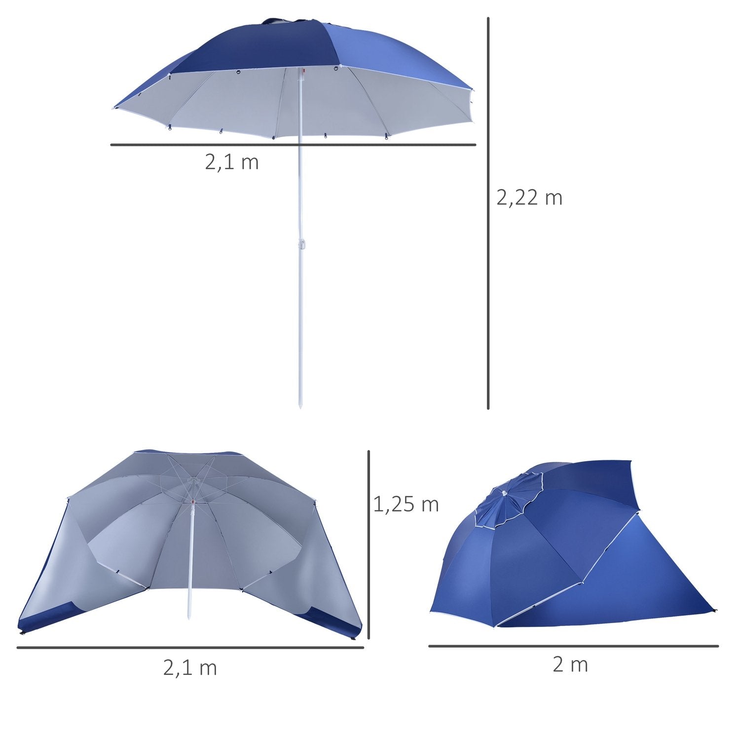 Parasoll Med Vindskydd 2 I 1 Parasoll & Strandskydd, Blå, Φ210Xh222Cm