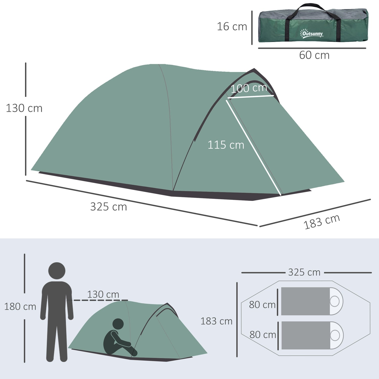2-personers dome campingtält, glasfiber, 325 x 183 x 130 cm