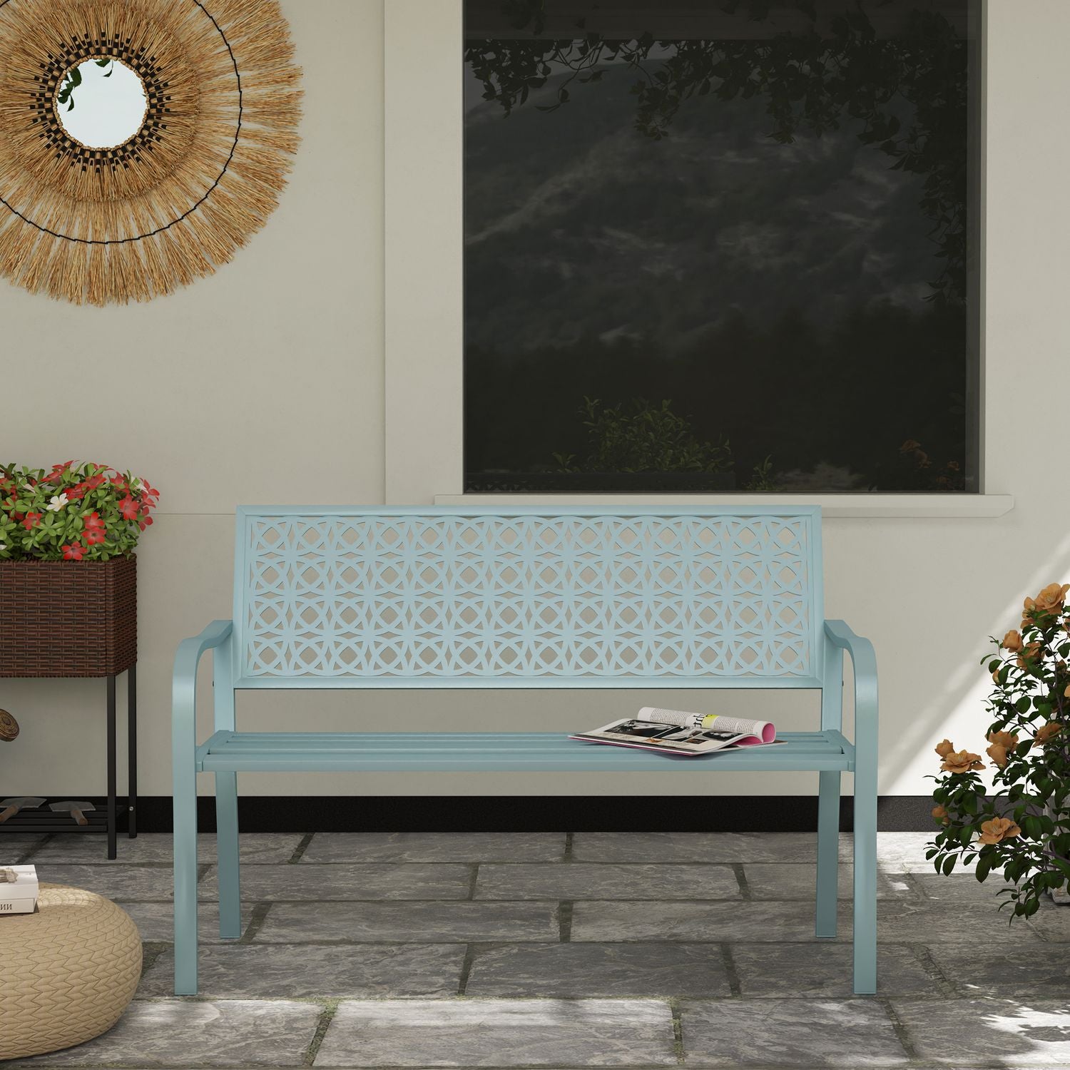 2-sits blå trädgårdsbänk – väderbeständig med ryggstöd