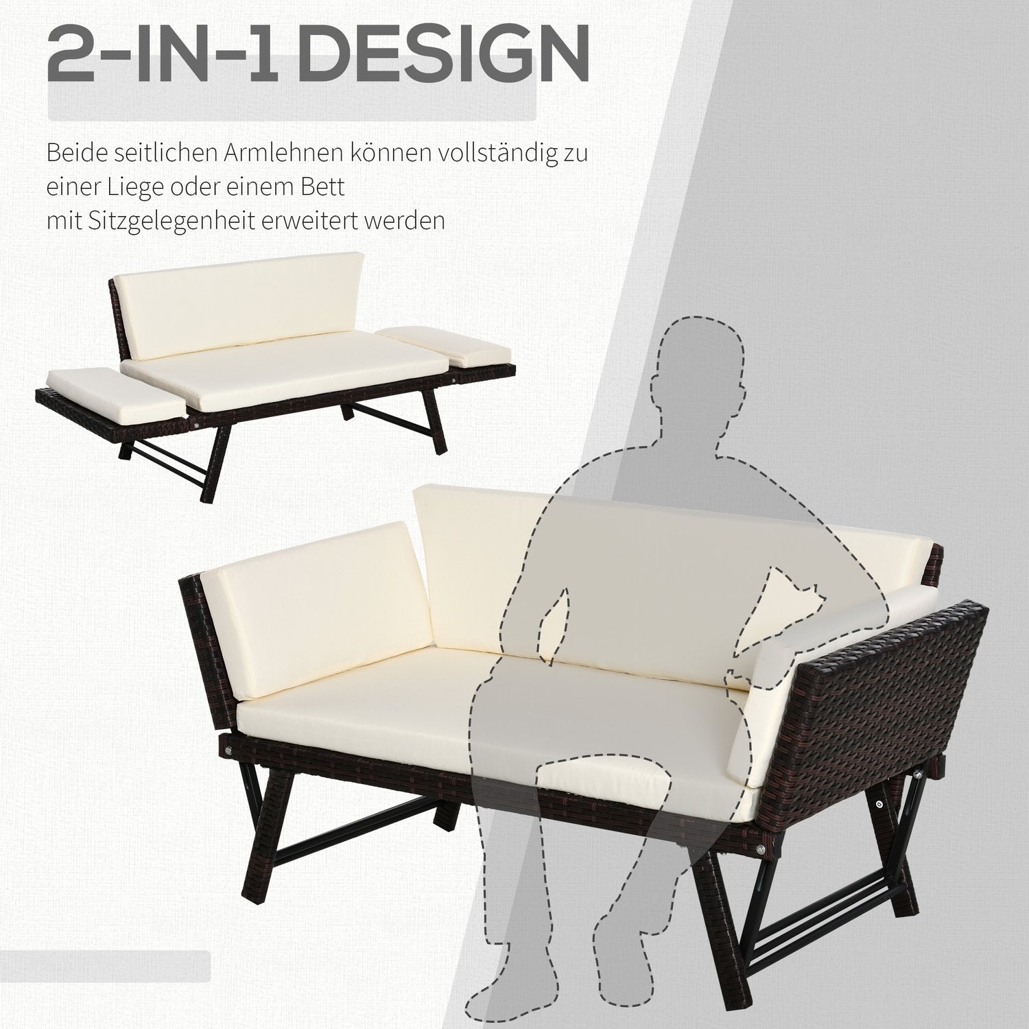 2-sits polyrattan trädgårdssoffa med fällbara armstöd