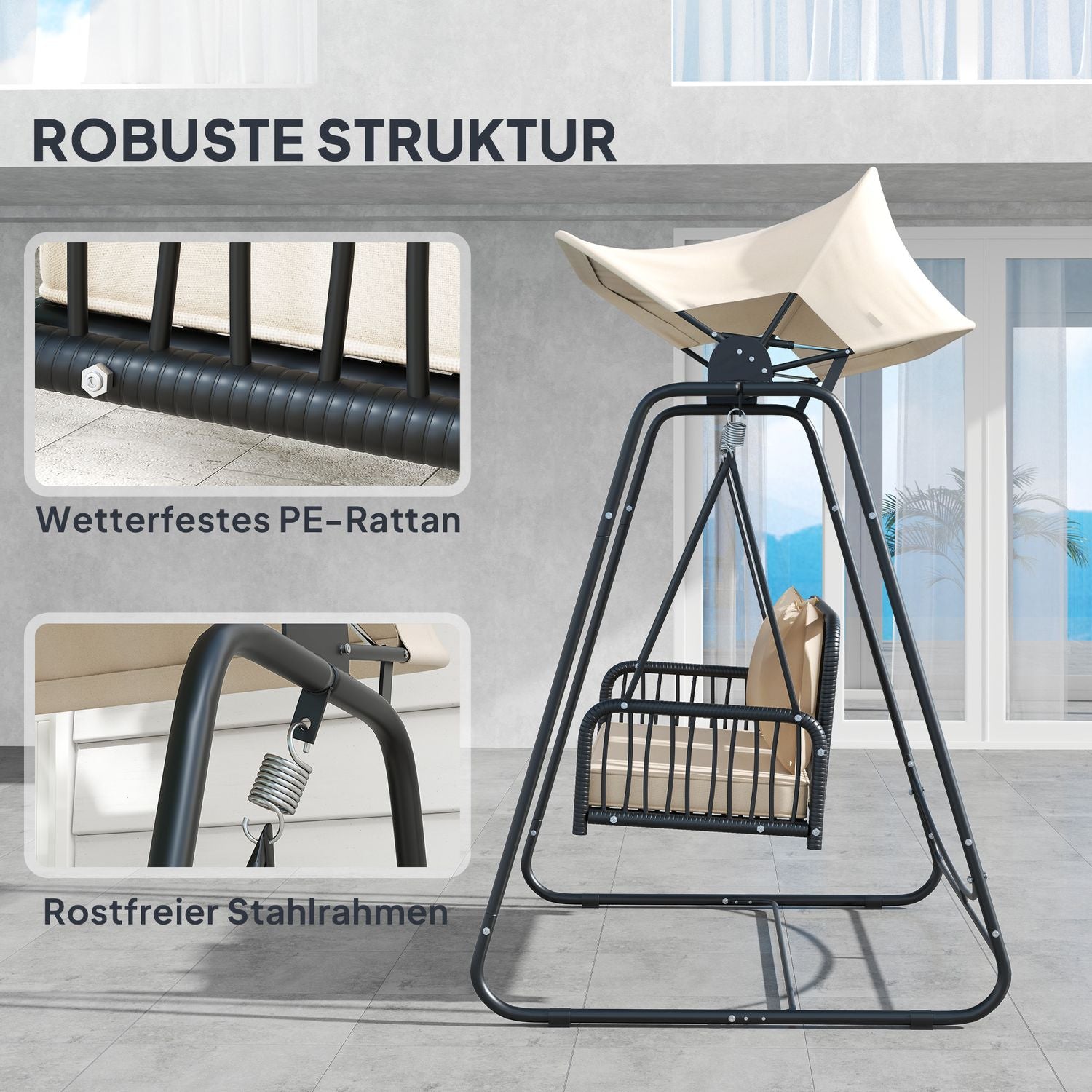2-sits rotting trädgårdsgunga med kapell – Khaki