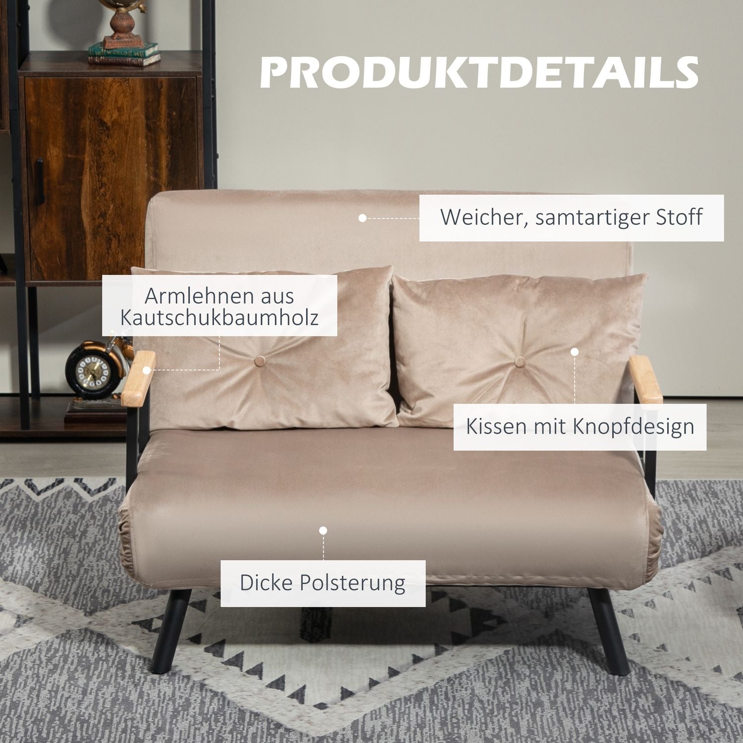 2-sits sammetsbäddsoffa, justerbart ryggstöd, ljusbrun